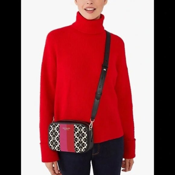 NWT Spade Flower Jacquard Stripe Medium Camera Bag Black, Cream, Pink - So Cute! - Picture 3 of 5